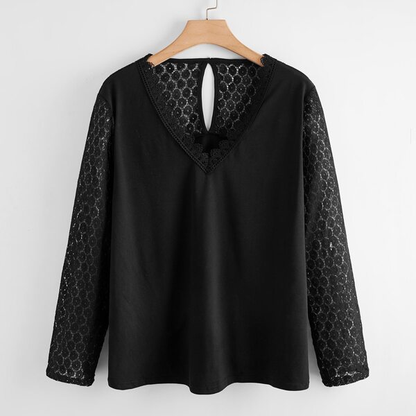 

Plus Contrast Lace Panel Tee, Black