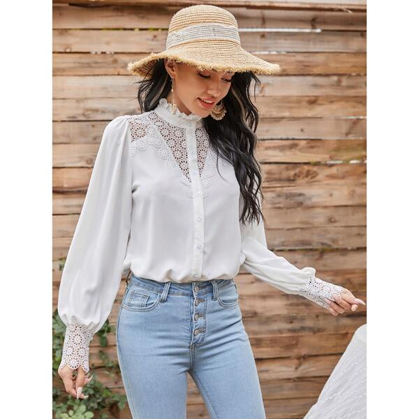 

Frill Neck Contrast Lace Button Up Blouse, White