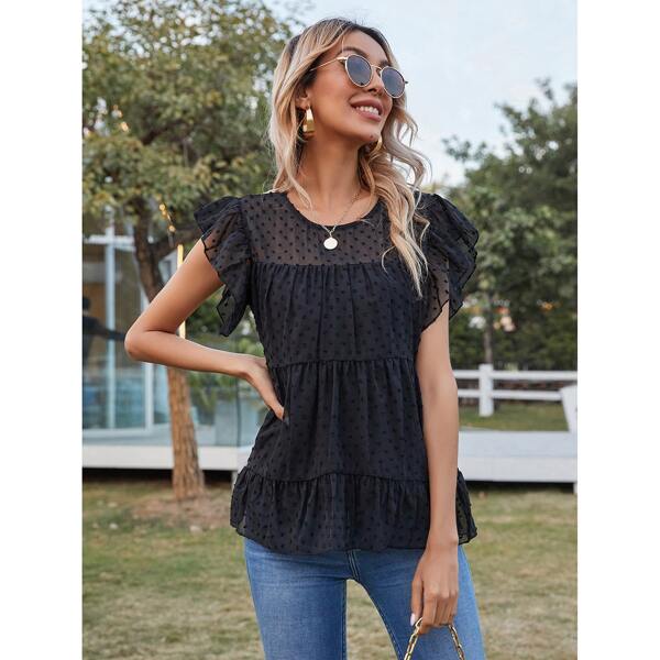 

Swiss Dot Ruffle Hem Blouse, Black