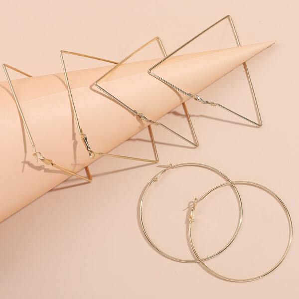 

3pairs Round Geo Decor Hoop Earrings, Gold