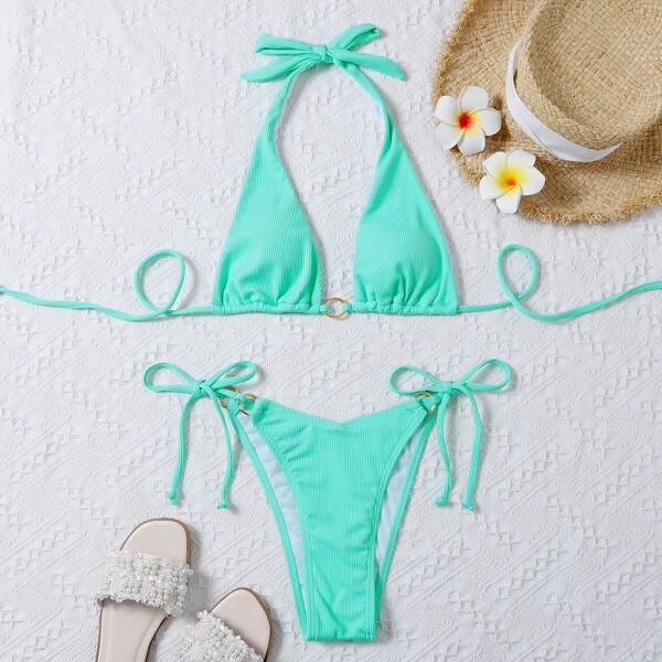 

Rib Ring Linked Halter Bikini Swimsuit, Mint blue