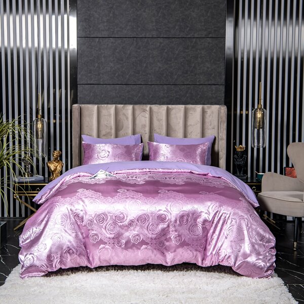 

Rose Print Duvet Cover Set Without Filler, Purple