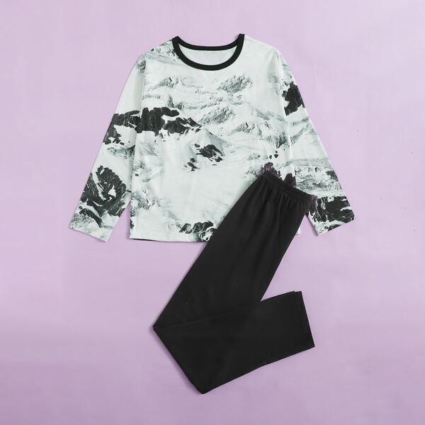 

Girls Landscape Print PJ Set, Black and white