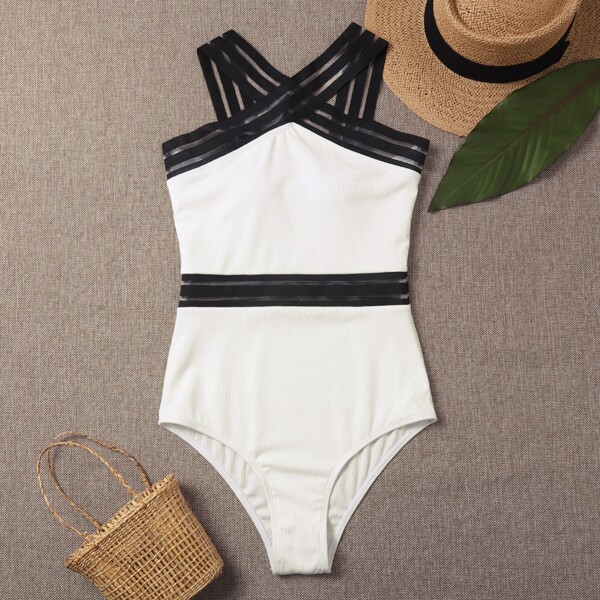 

Contrast Mesh One Piece Swimsuit, White