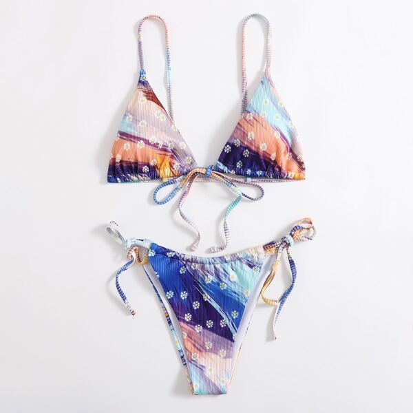 

Ditsy Floral Rib Triangle Thong Bikini Swimsuit, Multicolor