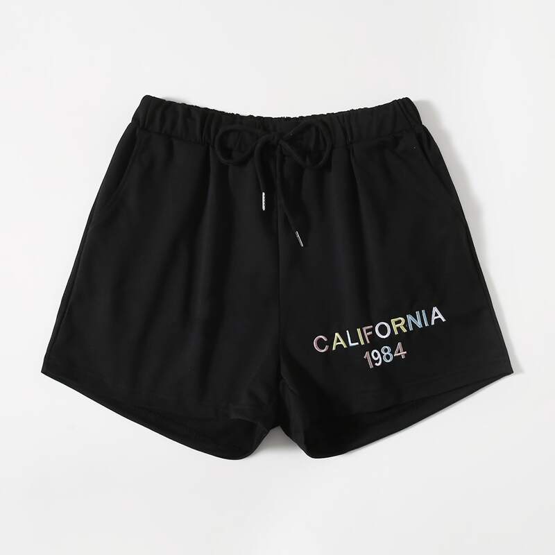 

Colorful Letter Embroidery Drawstring Shorts, Black