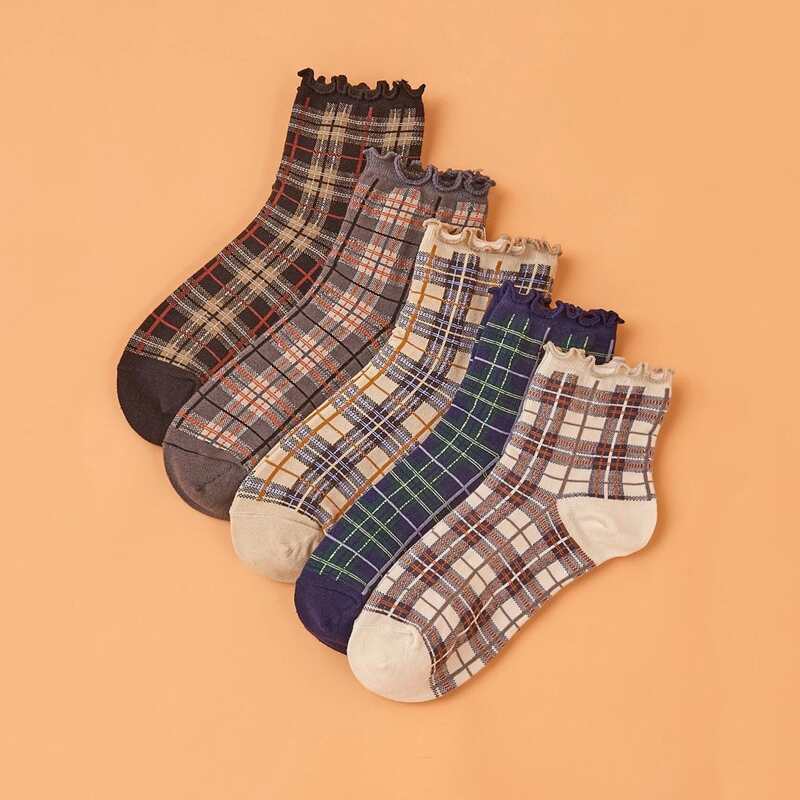 

1pair Random Tartan Crew Socks, Multicolor
