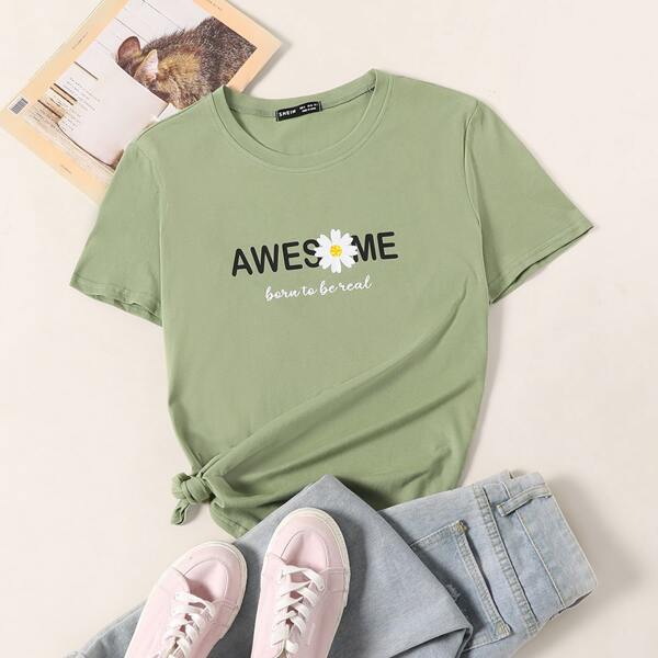 

Floral & Slogan Graphic Tee, Lime green