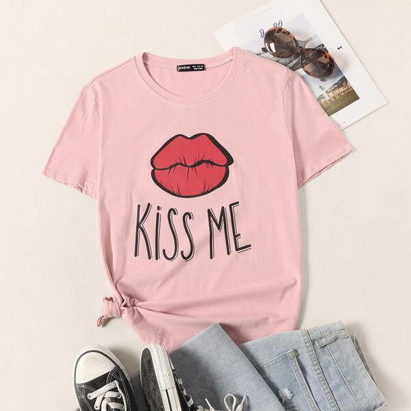 

Letter & Lip Print Tee, Pastel baby pink