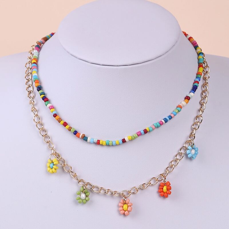 

2pcs Colorful Beaded Necklace, Multicolor