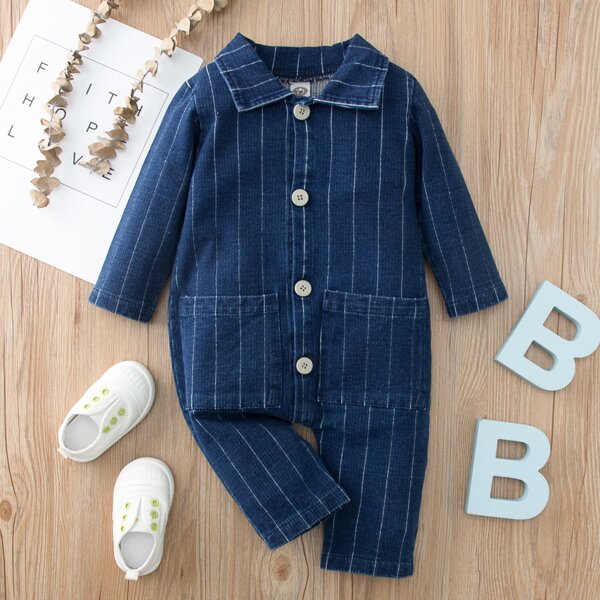 

Baby Boy Striped Print Button Front Pocket Patched Denim Jumpsuit, Dark wash