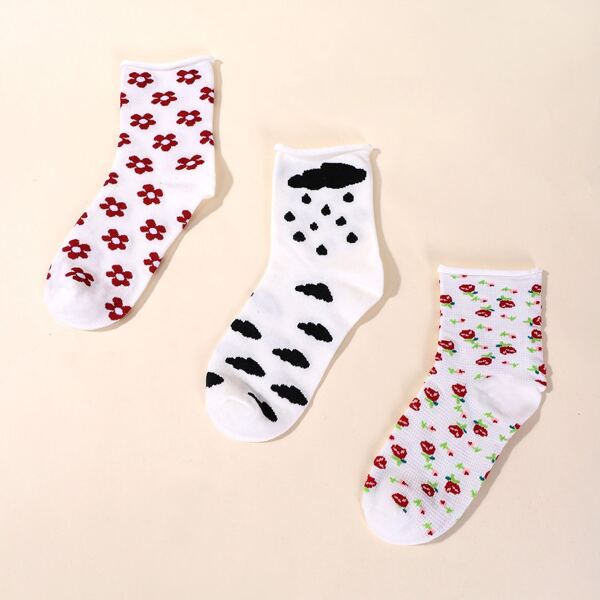 

3pairs Ditsy Floral Print Socks, Multicolor