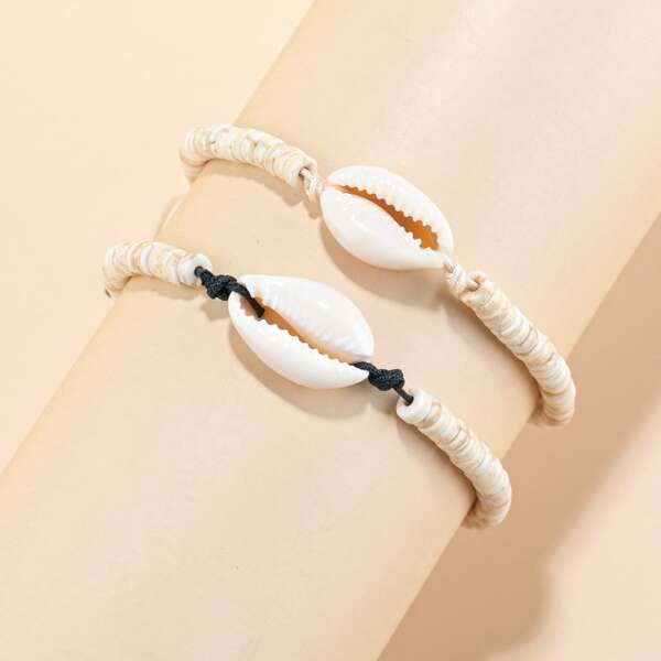 

2pcs Shell Decor String Bracelet, Beige