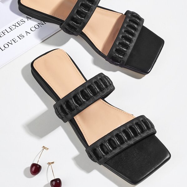 

Double Structured Strap Slide Sandals, Black