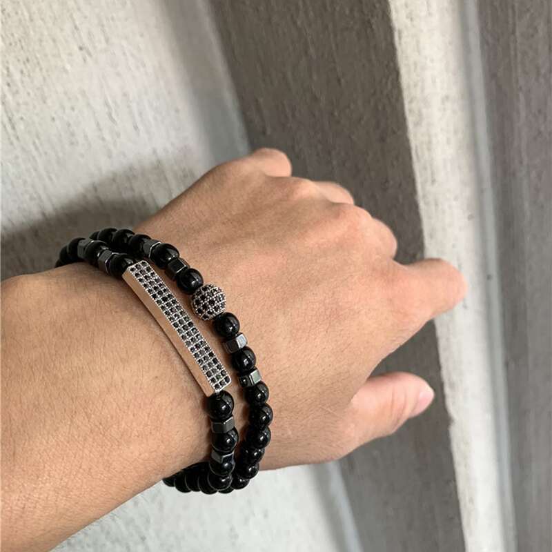 

2pcs Guys Beaded Bracelet, Silver