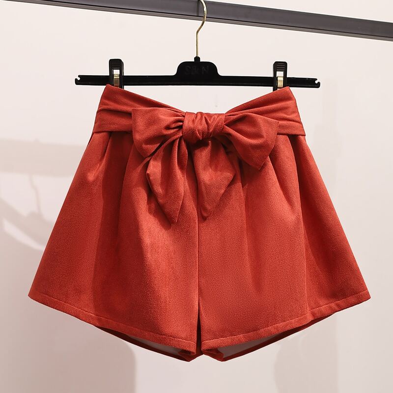 

Suede Tie Front Wide Leg Shorts, Red