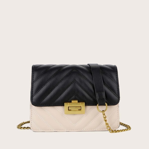 

Two Tone Chevron Flap Crossbody Bag, Black and white