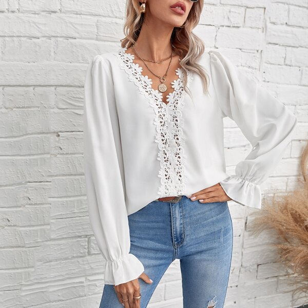 

Lace Trimed Flounce Sleeve Blouse, White