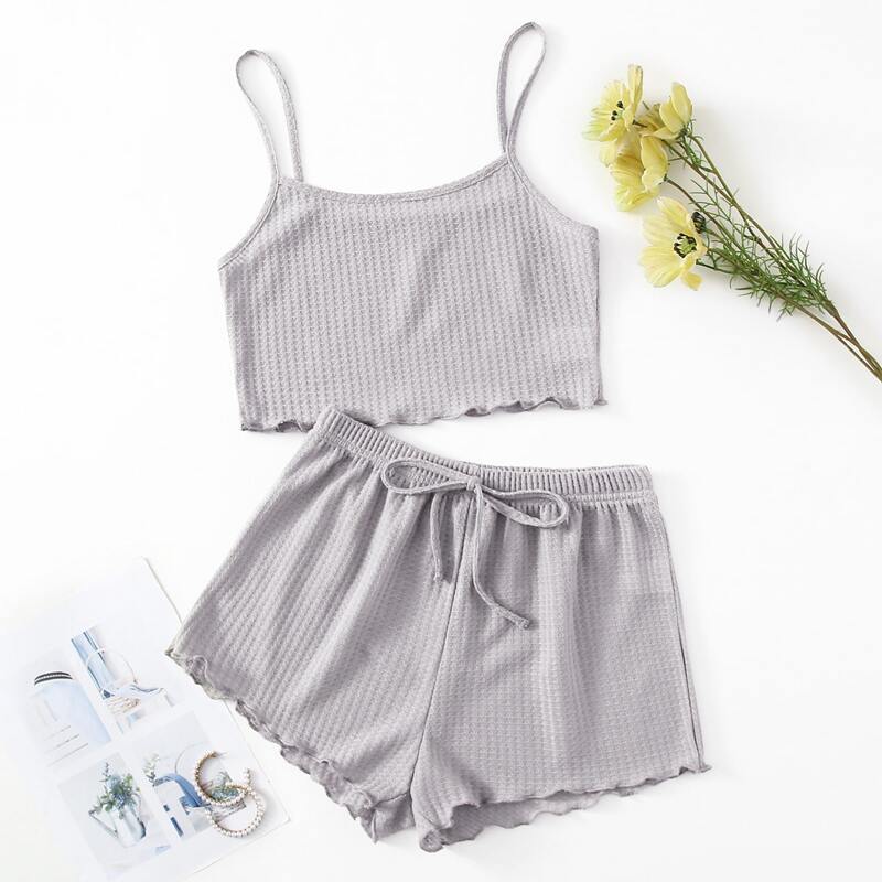 

Lettuce Trim Knot Front Cami Lounge Set, Light grey