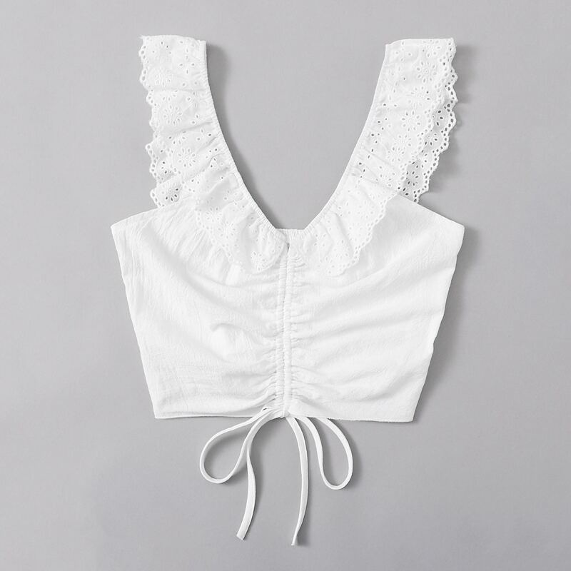 

Eyelet Embroidery Ruffle Hem Drawstring Crop Top, White