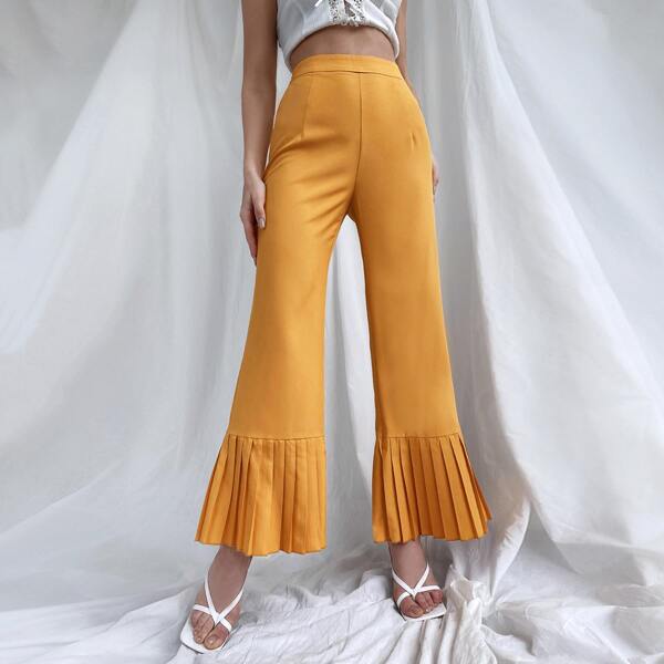 

Pleated Hem Wide Leg Pants, Yellow