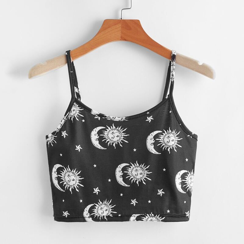 

Sun & Moon Print Crop Cami, Black
