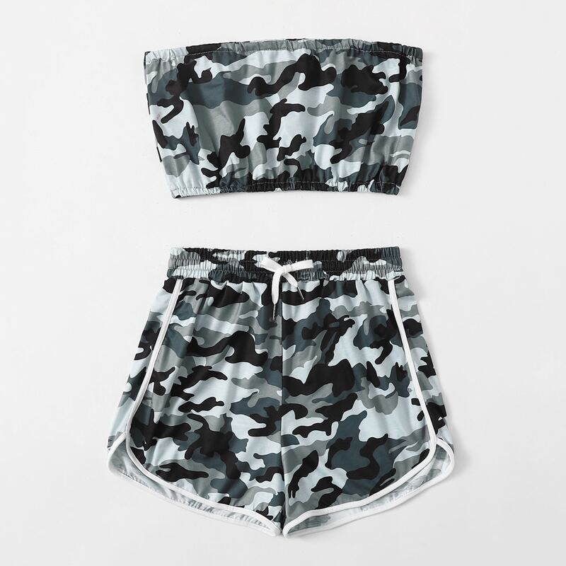 

Camo Crop Tube Top & Drawstring Dolphin Shorts, Multicolor