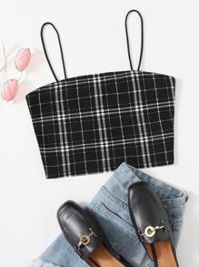 SHEIN Privé Plaid Crop Cami Top - Black and White - View 1