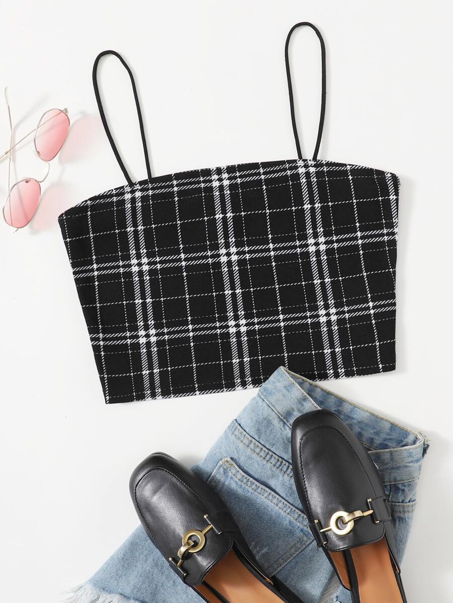 SHEIN Privé Plaid Crop Cami Top - Black and White - View 1