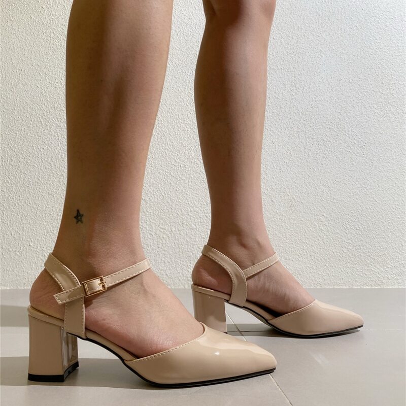 

Point Toe Chunky Heeled Ankle Strap Pumps, Apricot
