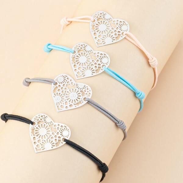 

4pcs Heart Decor String Bracelet, Multicolor