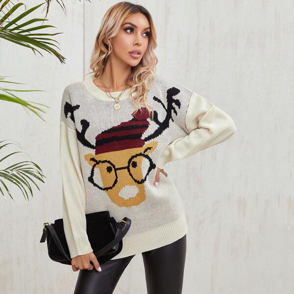 

Cartoon Pattern Drop Shoulder Oversized Sweater, Beige