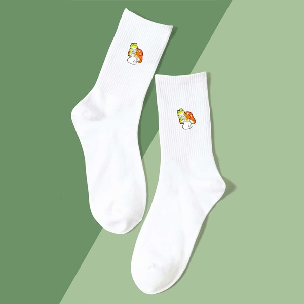 

Frog Mushroom Print Crew Socks, White