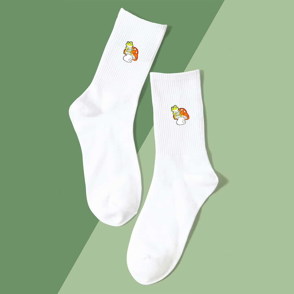 

Frog Mushroom Print Crew Socks, White