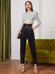 SHEIN Shoulder Padded Crop Top & Ruched Wide Waistband Trousers Set - Multicolor - View 1