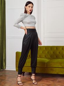 SHEIN Shoulder Padded Crop Top & Ruched Wide Waistband Trousers Set - Multicolor - View 3
