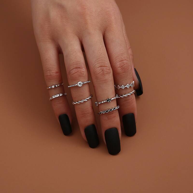 

8pcs Simple Rhinestone Ring, Silver