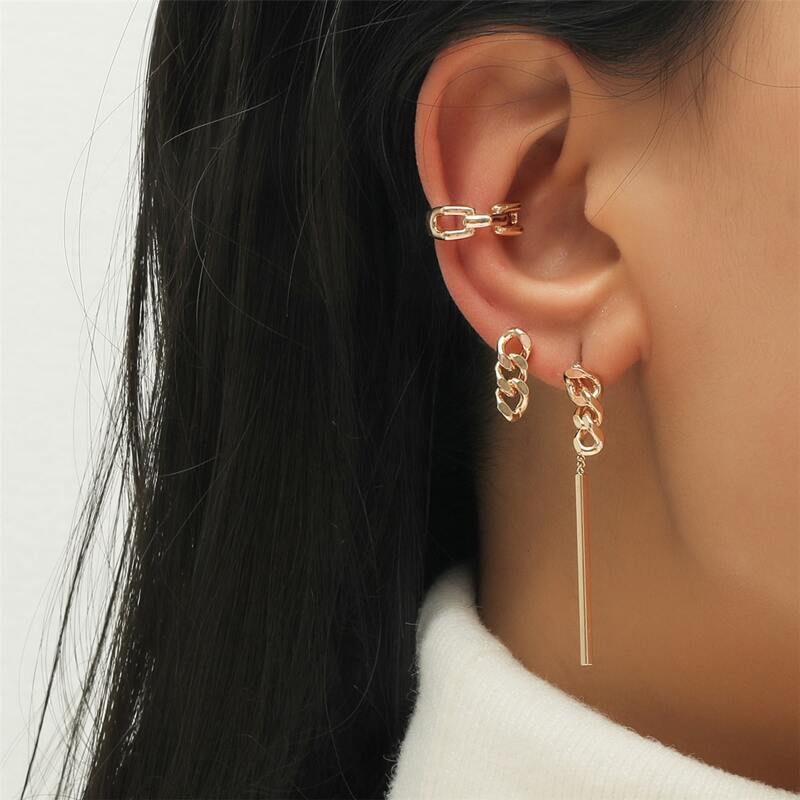 

3pcs Chain Design Earrings, Gold