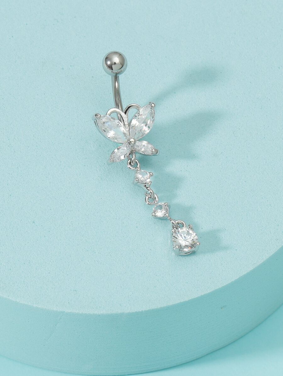 方晶鋯石裝飾臍環 - 銀色 - 查看 1