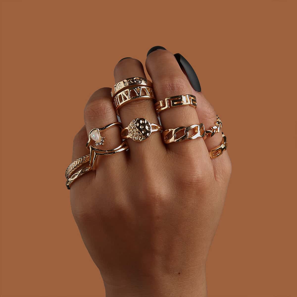 

11pcs Rhinestone Hollow Out Ring, Gold