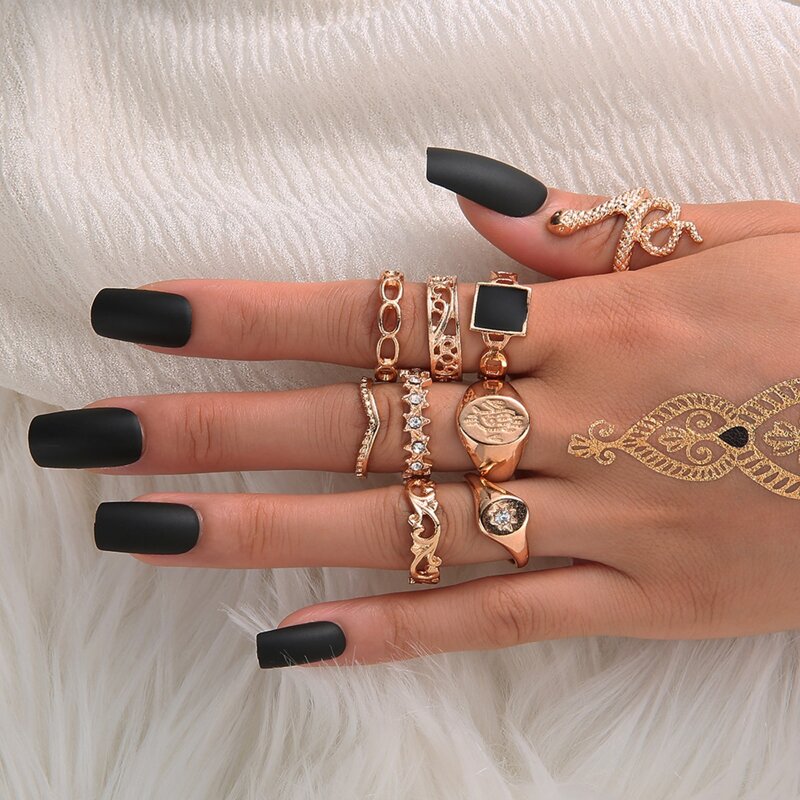 

9pcs Rhinestone Star & Snake Ring, Gold