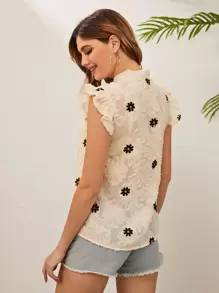 SHEIN Unity 小雛菊花卉繫帶領荷葉邊襯衫 - 杏色 - 查看 2