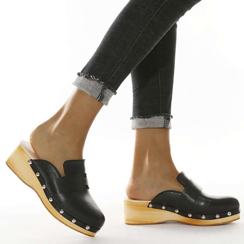 

Studded Decor Wide Fit Wedge Mules, Black