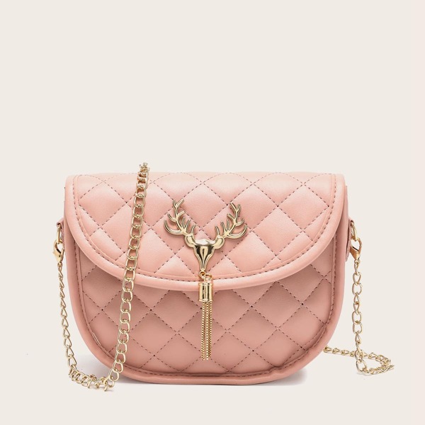 

Metal Deer Decor Quilted Saddle Bag, Baby pink