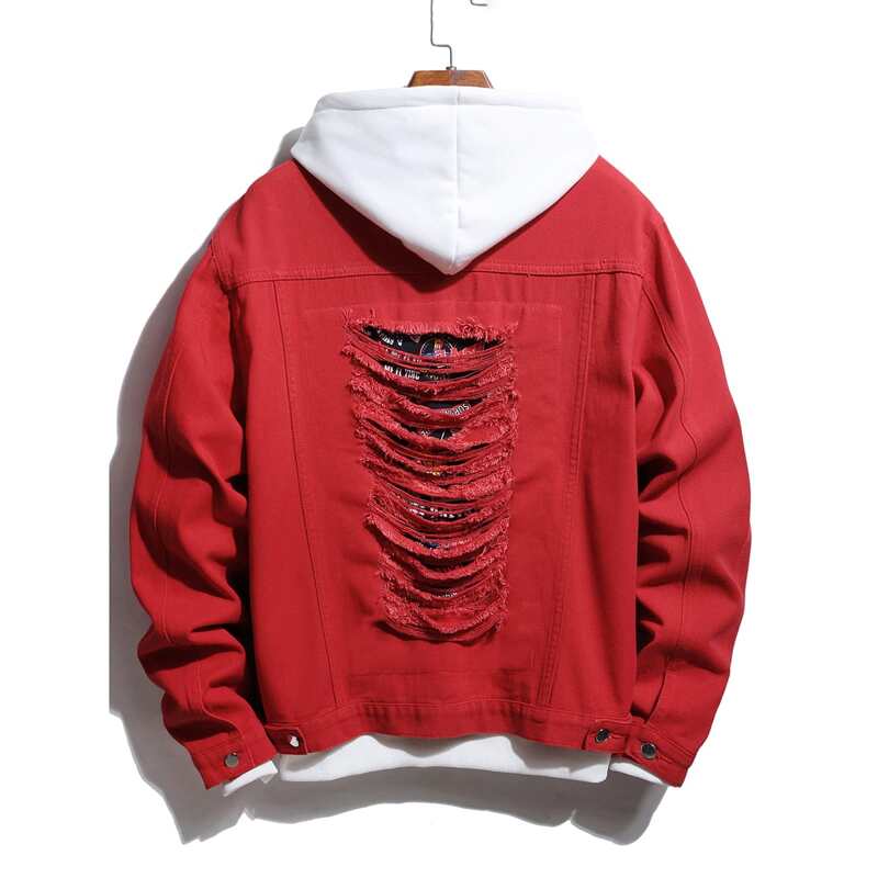

Guys Letter Graphic Ripped Denim Jacket Without Hoodie, Red