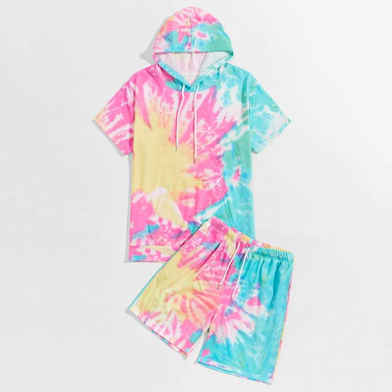 

Guys Tie Dye Kangaroo Pocket Drawstring Hooded Tee With Shorts, Multicolor