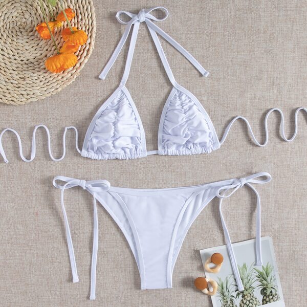 

Ruched Triangle Halter Thong Bikini Swimsuit, White