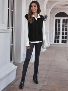 SHEIN LUNE Knit ngọn màu trơn Giải trí - màu đen - Xem 4