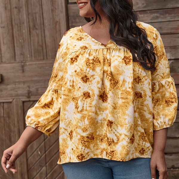 

Plus Tie Dye Bishop Sleeve Blouse, Yellow