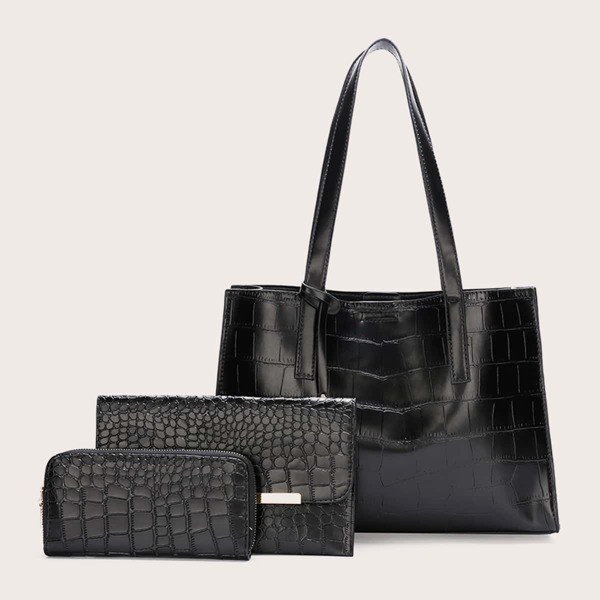 

3pcs Croc Embossed Tote Bag Set, Black